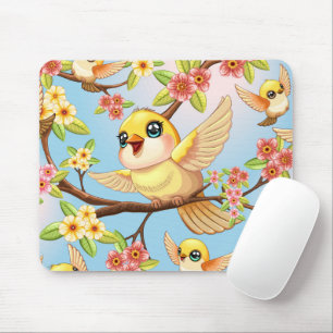 Cute and Happy Birds among Spring Flowers Mouse Pad