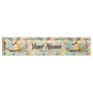 Cute and Happy Birds among Spring Flowers Nameplate
