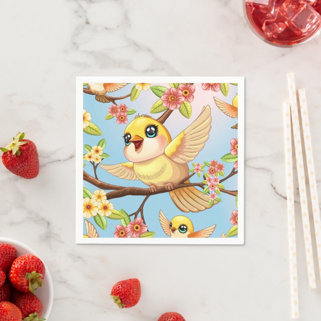 Cute and Happy Birds among Spring Flowers Napkin (Insitu)