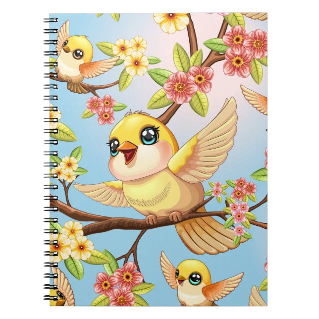 Cute and Happy Birds among Spring Flowers Notebook (Front)