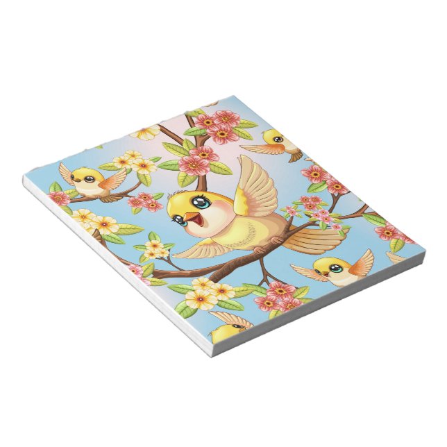 Cute and Happy Birds among Spring Flowers Notepad (Angled)