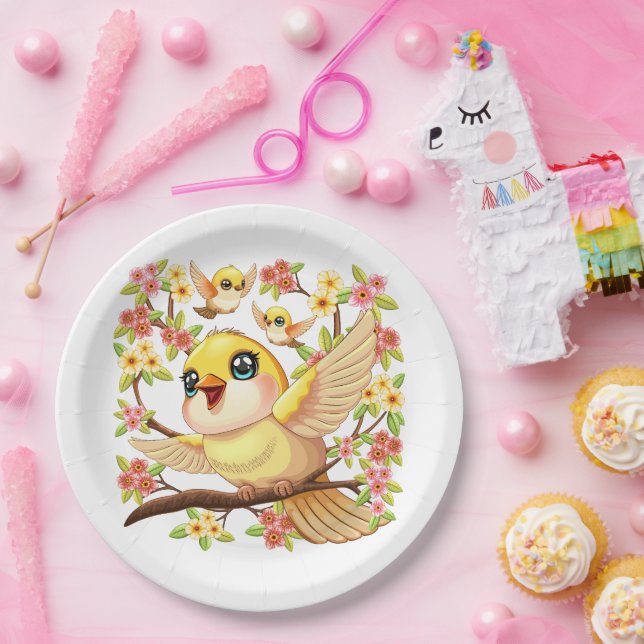 Cute and Happy Birds among Spring Flowers Paper Plate (Party)