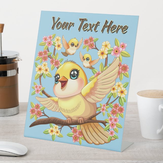 Cute and Happy Birds among Spring Flowers Pedestal Sign (In SItu)
