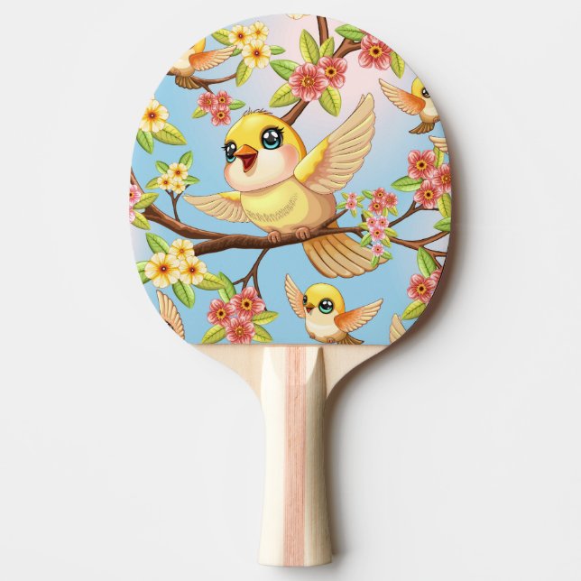 Cute and Happy Birds among Spring Flowers Ping Pong Paddle (Front)