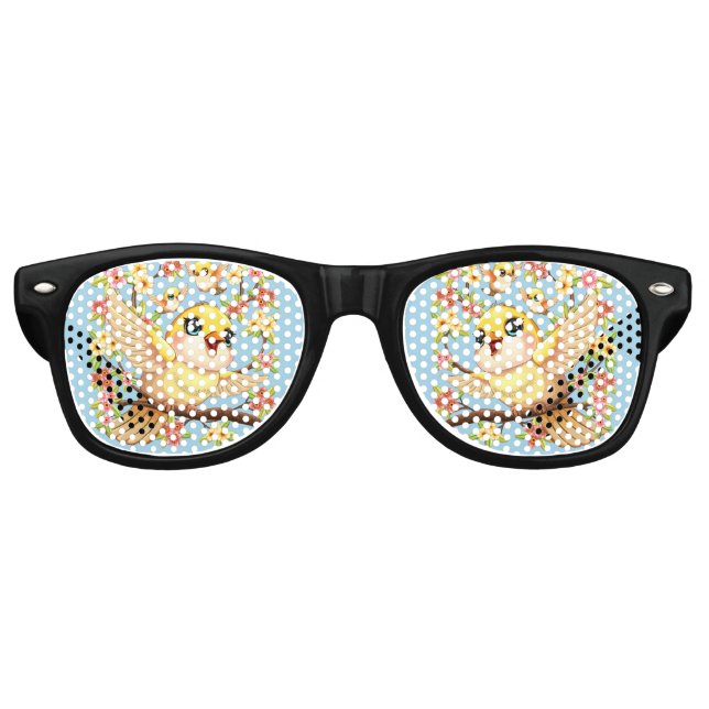 Cute and Happy Birds among Spring Flowers Retro Sunglasses (Front)