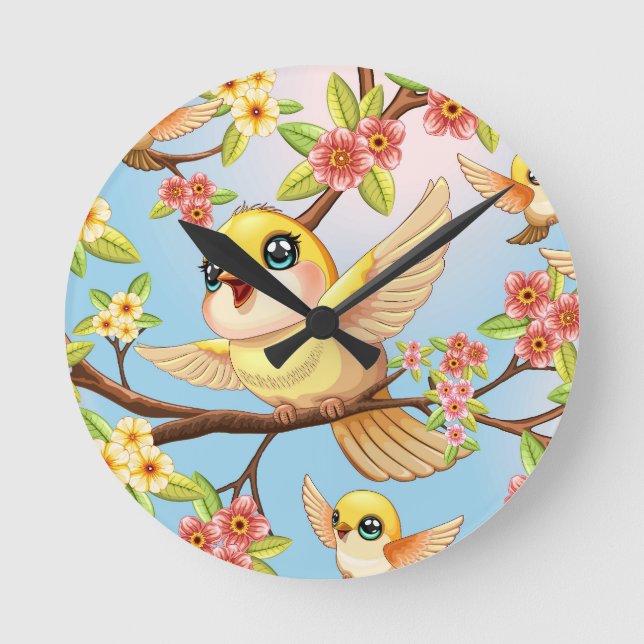 Cute and Happy Birds among Spring Flowers Round Clock (Front)