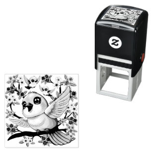 Cute and Happy Birds among Spring Flowers Self-inking Stamp