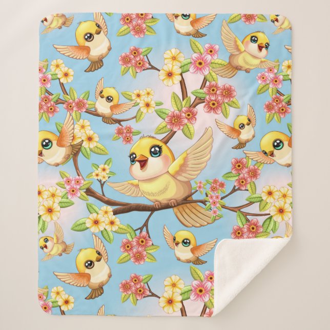 Cute and Happy Birds among Spring Flowers Sherpa Blanket (Front)
