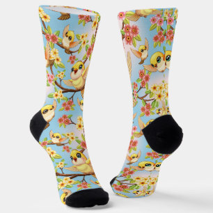Cute and Happy Birds among Spring Flowers Socks