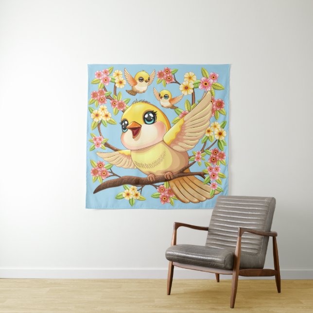 Cute and Happy Birds among Spring Flowers Tapestry (In Situ)