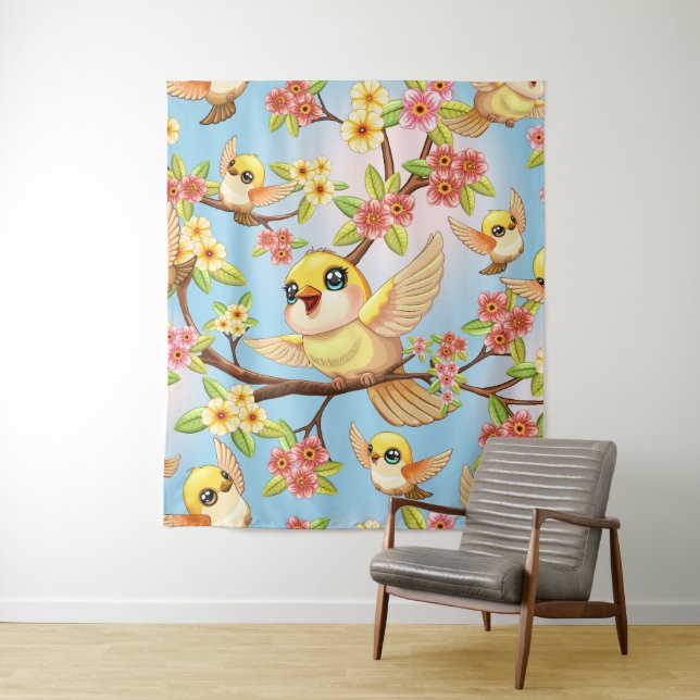 Cute and Happy Birds among Spring Flowers Tapestry (In Situ)