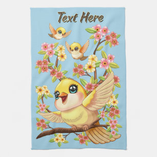 Cute and Happy Birds among Spring Flowers Tea Towel