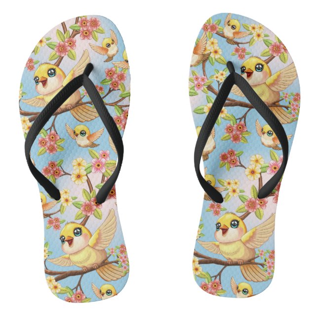 Cute and Happy Birds among Spring Flowers Thongs (Footbed)