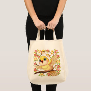 Cute and Happy Birds among Spring Flowers Tote Bag