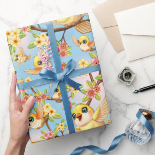 Cute and Happy Birds among Spring Flowers Wrapping Paper