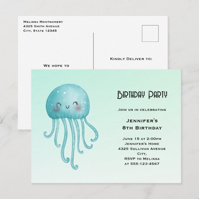 Cute and Happy Blue-Green Jellyfish Birthday Invitation Postcard (Front/Back)