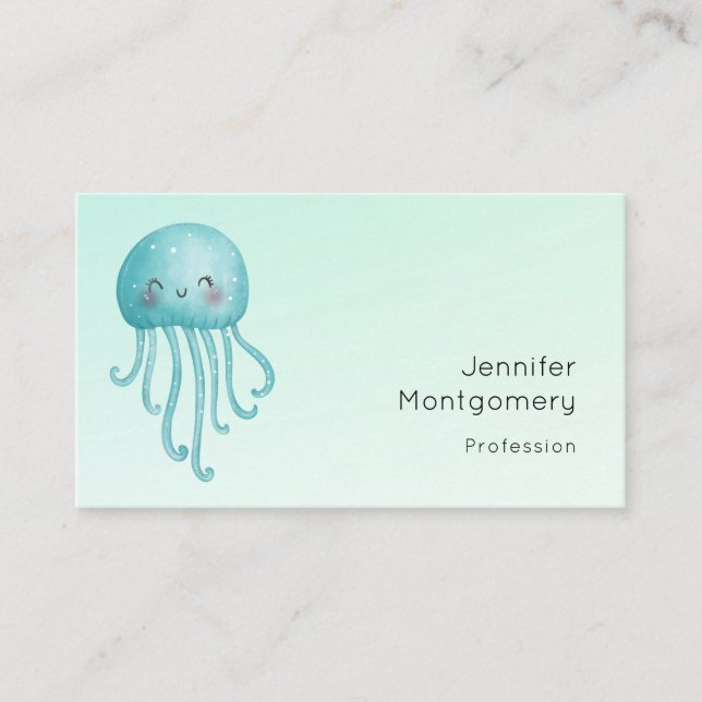 Cute and Happy Blue-Green Jellyfish Business Card (Front)