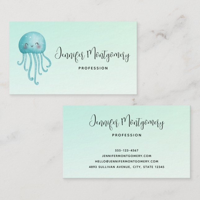 Cute and Happy Blue-Green Jellyfish Business Card (Front/Back)