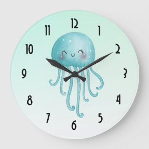 Cute and Happy Blue-Green Jellyfish Large Clock