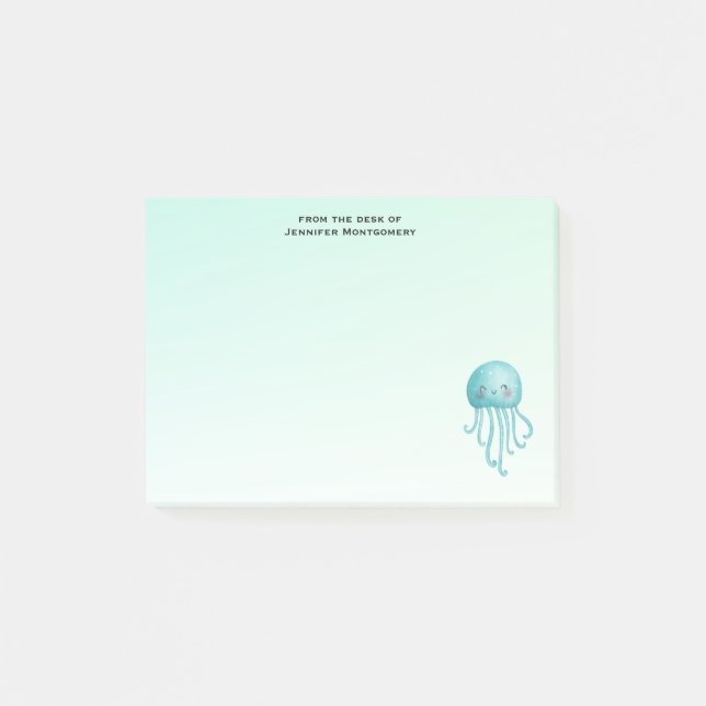 Cute and Happy Blue-Green Jellyfish Post-it Notes (Front)