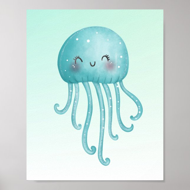 Cute and Happy Blue-Green Jellyfish Poster (Front)