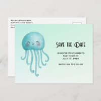 Cute and Happy Blue-Green Jellyfish Save the Date