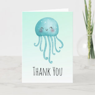 Cute and Happy Blue-Green Jellyfish Thank You Card