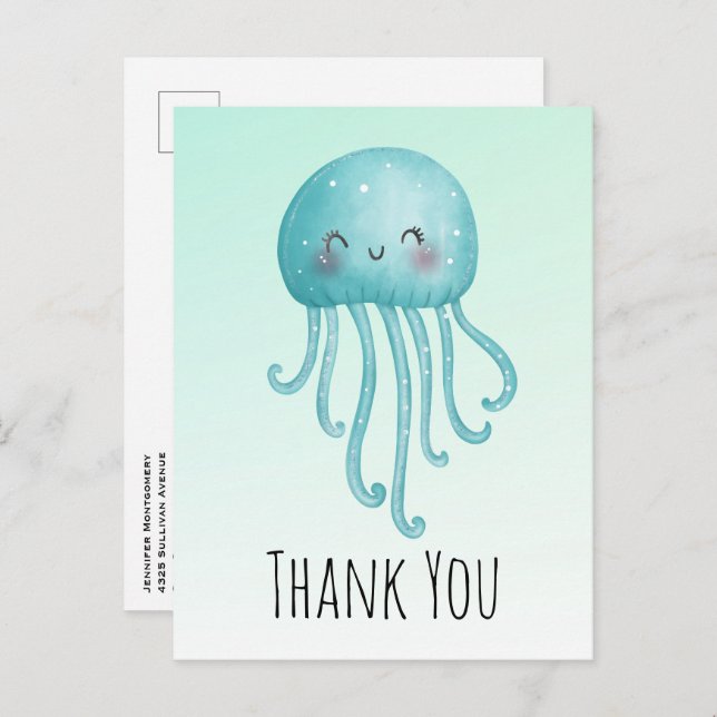 Cute and Happy Blue-Green Jellyfish Thank You Postcard (Front/Back)