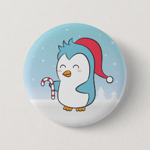 Cute and Happy Christmas Penguin with Candy Cane 6 Cm Round Badge