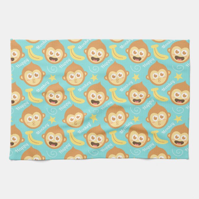 Cute and Happy Monkey, Bananas and Stars Tea Towel (Horizontal)
