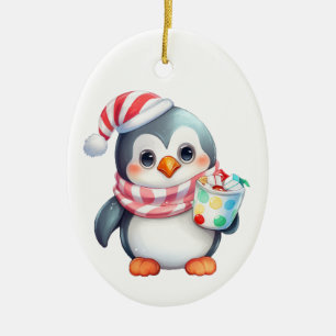 Cute and Happy Penguin with Snack Ceramic Ornament