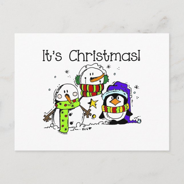 Cute and Jolly Snowmen and Penguins It's Christmas Holiday Postcard (Front)