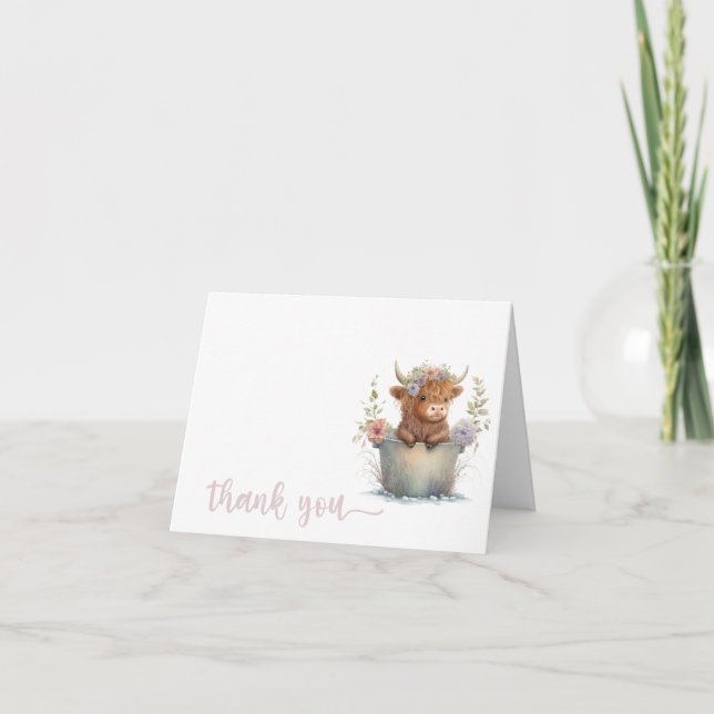 Cute and modern baby highland cow thank you card  (Front)