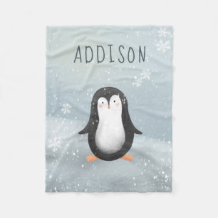 Cute and Modern Blue Winter Penguin Kids Fleece Blanket