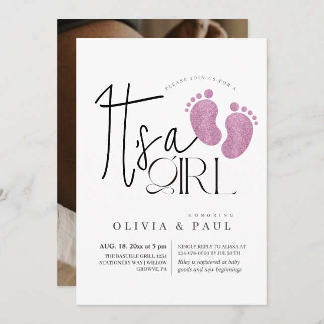 Cute and modern Feet Glitter Baby Girl Shower  Invitation (Front/Back)