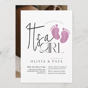Cute and modern Feet Glitter Baby Girl Shower  Invitation