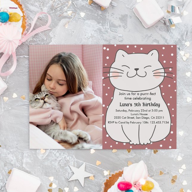 Cute and Modern Kitten With Photo Birthday  Invitation (Creator Uploaded)