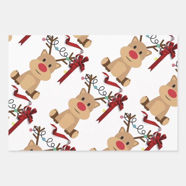 Cute and naughty baby reindeer wrapping paper sheet (Front 3)
