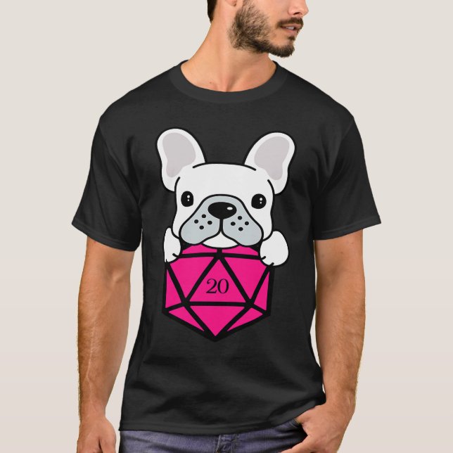 Cute and Nerdy Dog Pink Polyhedral D20 Dice Set T-Shirt (Front)