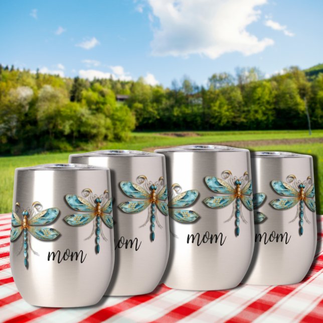 Cute and Quirky Dragonflies in Aqua and Gold  (Cute and quirkly aqua blue dragonfly on customizable wine tumbler for Mother's Day)