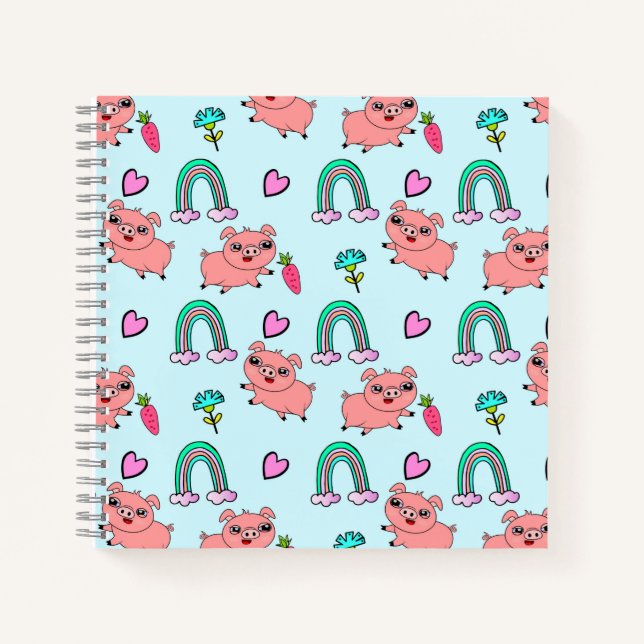 Cute and Quirky Pigs and Rainbows Pattern Notebook (Front)