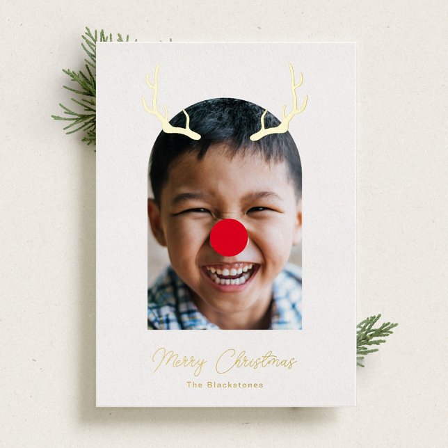 Cute and Silly Rudolph Reindeer Photo and Gold Foil Holiday Card (Creator Uploaded)