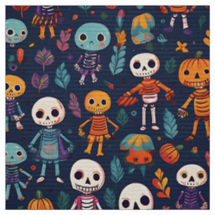 Cute and spooky colourful skeletons on halloween fabric