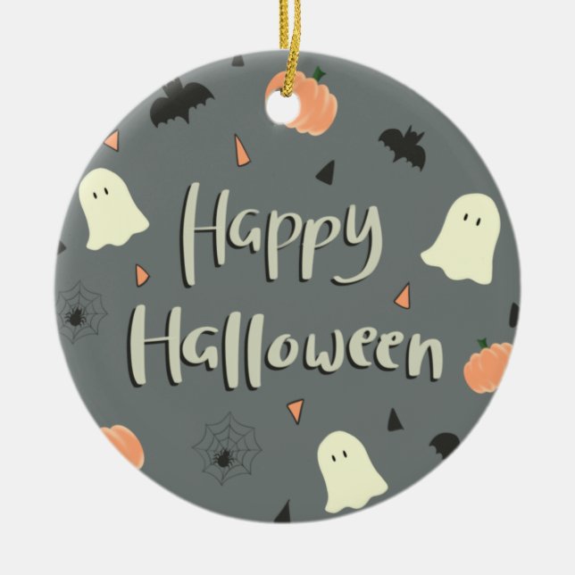 Cute and Spooky Happy Halloween Ceramic Ornament (Front)