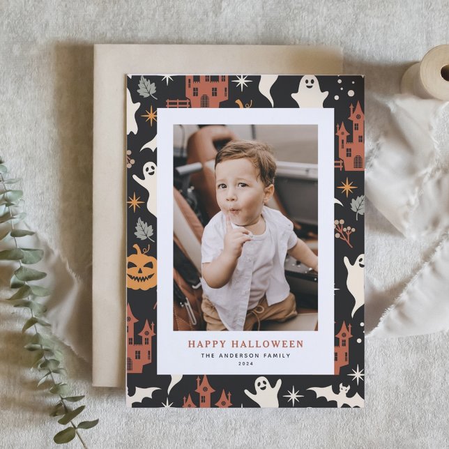 Cute and Spooky Pattern Happy Halloween Photo Holiday Card (Creator Uploaded)