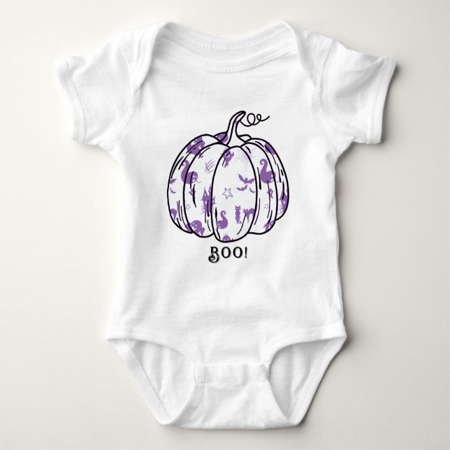 Cute and Spooky Purple Jack-O’-Lantern Baby Bodysuit (Front)
