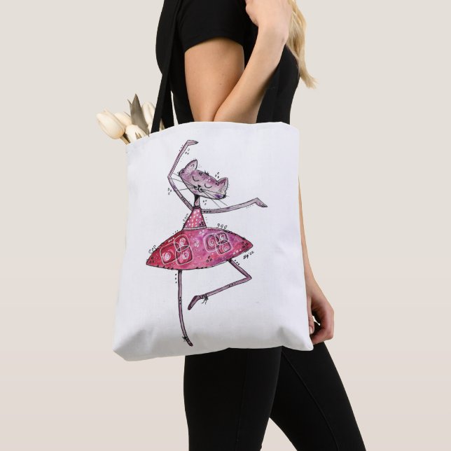 Cute and Whimsical Dancing Cat Tote Bag (Close Up)
