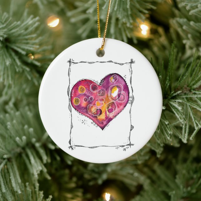 Cute and Whimsical Heart Doodle Ceramic Ornament (Tree)