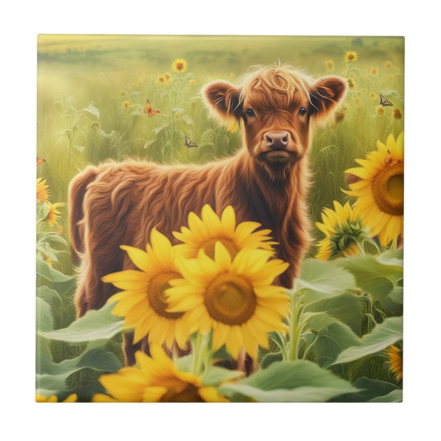 Cute and Whimsical Highland Calf Sunflowers Ceramic Tile (Front)