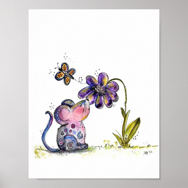 Cute and Whimsical Mouse and Flower Poster (Front)
